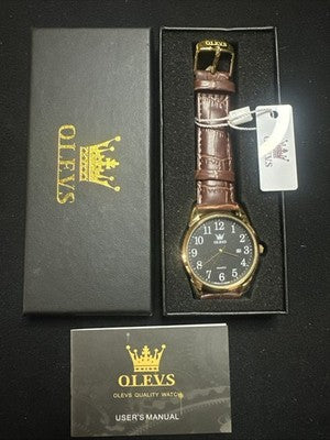 OLEVS Mens Watch Black Face, Brown Leather Band, Day Date, Easy Reader