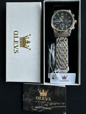 OLEVS Mens Watch Triple Dial, Black Face, Gold/Stainless Steel Band, Diamond