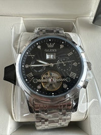 Olevs Men’s Watch Skeleton 5 Hands Silver Band, Black Dial