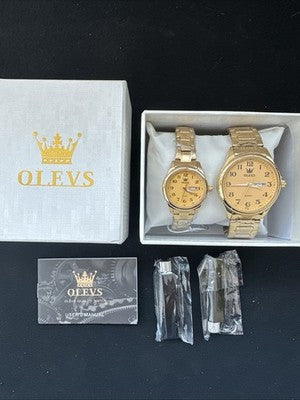 OLEVS Valentines Couple Pair Gold Dial, Gold Band, Waterproof, Calendar