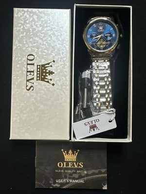 OLEVS Men Watch Mechanical Skeleton, Moon Phase, Blue Face, Gold/Silver Band