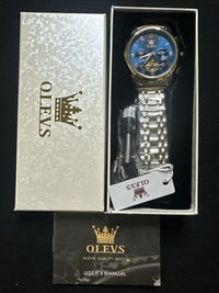 OLEVS Men Watch Mechanical Skeleton, Moon Phase, Blue Face, Gold/Silver Band