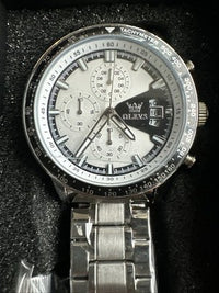 OLEVS Mens Tachymeter Watch White Face, Black Band, Day Date, Quartz