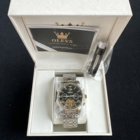 Olevs Mens Luxury Watch Skeleton, Moon Phase, Silver/Gold Band, Black Dial