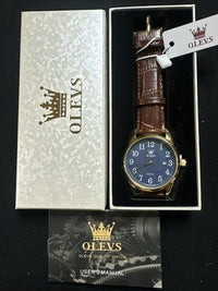 OLEVS Mens Watch Blue Face, Brown Leather Band, Day Date, Easy Reader