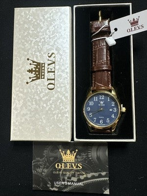 OLEVS Mens Watch Blue Face, Brown Leather Band, Day Date, Easy Reader