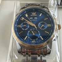 Olevs Mens Luxury Watch Moon Phase, Silver/Gold Band, Blue Dial