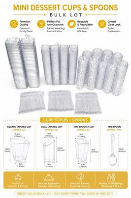 Mini Dessert Cups & Spoons Bulk Lot Clear Plastic Appetizer Shooter Set