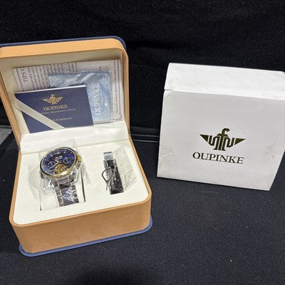 Oupinke Blue Skeleton Tourbillon Luminous Formal Automatic Mechanical Wristwatch
