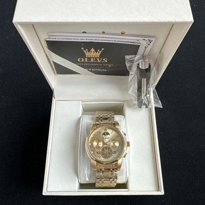 Olevs Mens Luxury Watch Skeleton, Moon Phase, Gold Band, Gold Dial