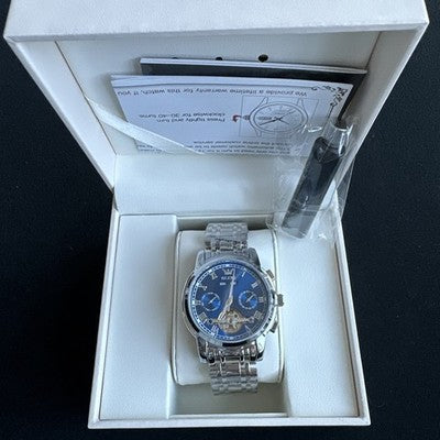 Olevs Mens Luxury Watch Skeleton, Day Date, Silver/Gold Band, Blue Dial