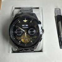 Oupike Men’s Watch Tourbillon Self Winding All Black Band, Black Dial