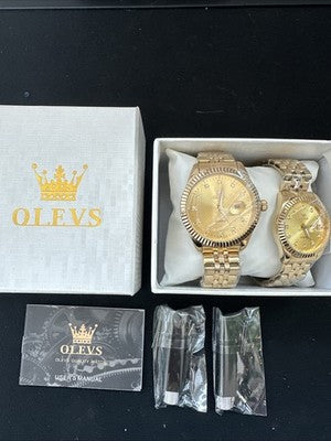 OLEVS Quartz Couple Pair Gold Dial With Diamond, Gold Band, Waterproof