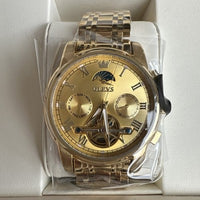 Olevs Mens Luxury Watch Skeleton, Moon Phase, Gold Band, Yellow Gold Dial