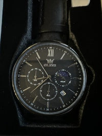 OLEVS Mens Watch Triple Dial, All Black Face, Black Leather Band