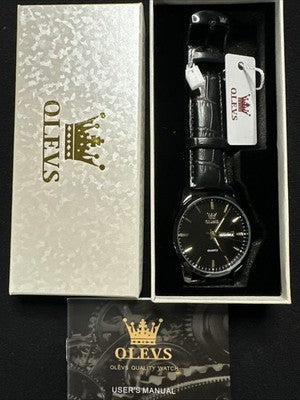 OLEVS Mens Watch Black Face, Black Leather Band, Day Date