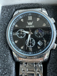OLEVS Mens Watch Triple Dial, Black Face, Stainless Steel Band, Diamond
