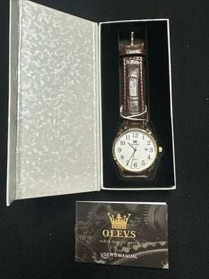 OLEVS Mens Watch White Face, Brown Leather Band, Day Date, Easy Reader