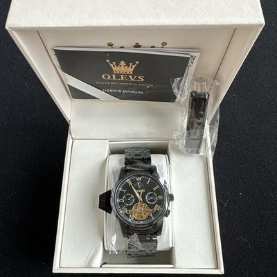 Olevs Mens Luxury Watch Skeleton, Moon Phase, Black Band, Black Dial