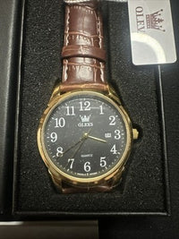 OLEVS Mens Watch Black Face, Brown Leather Band, Day Date, Easy Reader