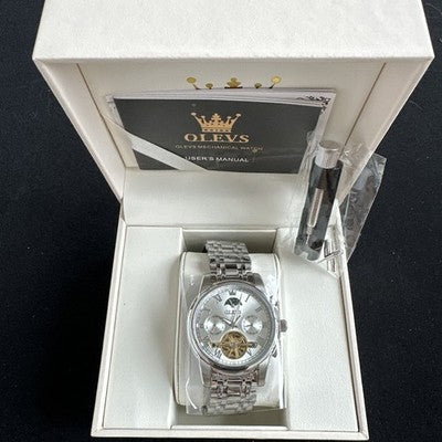Olevs Mens Luxury Watch Skeleton, Moon Phase, Silver Band, Silver Dial