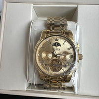 Olevs Mens Luxury Watch Skeleton, Moon Phase, Gold Band, Gold Dial