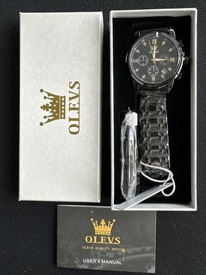 OLEVS Mens Watch Triple Dial, Black Face, Black Band, Diamond, Waterproof