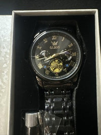 OLEVS Men Watch Mechanical Skeleton, Moon Phase, Black Face, Black Band