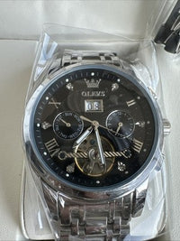 Olevs Men’s Watch Skeleton 5 Hands Silver Band, Black Dial
