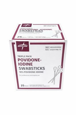 Medline Povidone Iodine Swabsticks Triple Pack 10% PVP-I 25 Packs Ref MDS093902