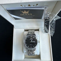 Olevs Men’s Luxury Watch, Day Date, Diamond, Silver Band, Silver Face