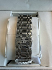 Olevs Mens Luxury Watch Skeleton, Moon Phase, Silver Band, Blue Dial