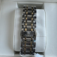 Olevs Mens Luxury Watch Skeleton, Moon Phase, Silver/Gold Band, Blue Dial
