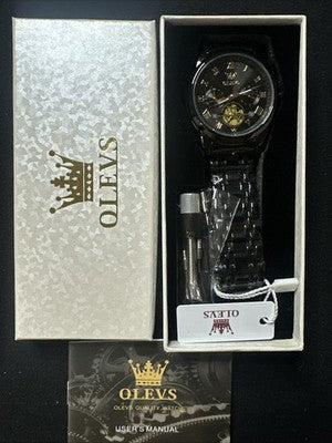 OLEVS Men Watch Mechanical Skeleton, Moon Phase, Black Face, Black Band