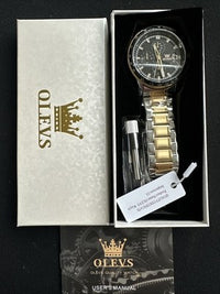 OLEVS Mens Tachymeter Watch Black Face, Silver/Gold Band, Day Date, Quartz