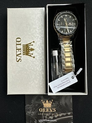 OLEVS Mens Tachymeter Watch Black Face, Silver/Gold Band, Day Date, Quartz