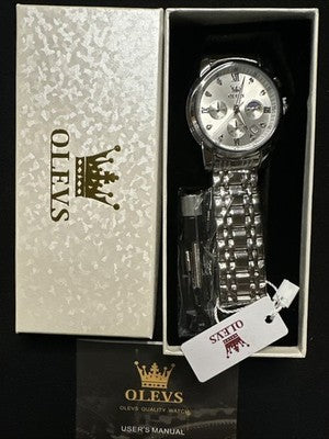 OLEVS Mens Watch Triple Dial, Silver Face, Stainless Steel Band, Diamond