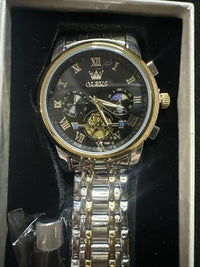 OLEVS Men Watch Mechanical Skeleton, Moon Phase, Black Face, Gold/Silver Band