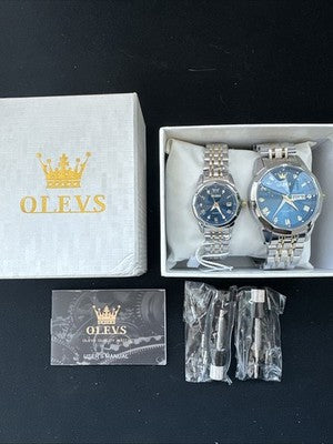 OLEVS Quartz Couple Pair Blue Dial, Stainless Steel, Waterproof, Calendar