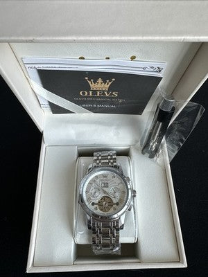 Olevs Men’s Watch Skeleton 5 Hands Silver Band, Silver Dial