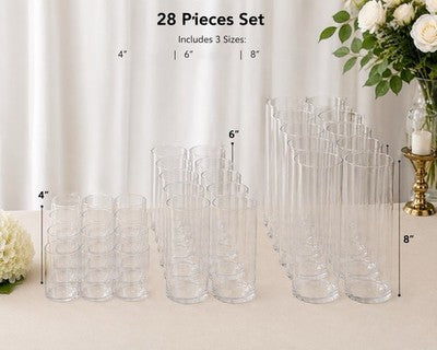 Nuogo 28Pc Clear Plastic Cylinder Vase Set  Table Decoration 4”/6”/8”