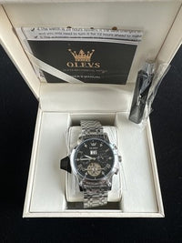 Olevs Men’s Watch Skeleton 5 Hands Silver Band, Black Dial