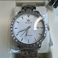 Olevs Men’s Luxury Watch, Day Date, Diamond, Silver Band, White Face