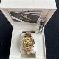 Olevs Mens Luxury Watch Skeleton, Moon Phase, Gold Band, Yellow Gold Dial