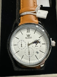 OLEVS Mens Watch Triple Dial, White Face, Orange Leather Band