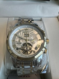 Olevs Men’s Watch Skeleton 5 Hands Silver/Gold Band, Silver Dial