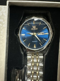 OLEVS Mens Watch Blue Face, Gold/Silver Band, Day Date, Quartz