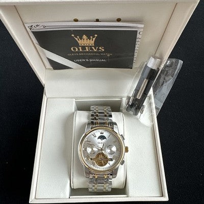 Olevs Mens Luxury Watch Skeleton, Moon Phase, Silver/Gold Band, Champagne Dial