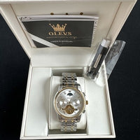 Olevs Mens Luxury Watch Skeleton, Moon Phase, Silver/Gold Band, Champagne Dial