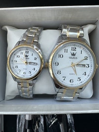 OLEVS Valentines Couple Pair White Dial, Gold/Stainless Steel, Waterproof,